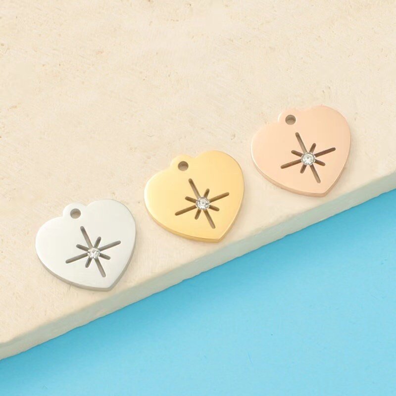 5 pieces  Gold and silver heart Stainless Steel Laser Engraved sunburst Tag