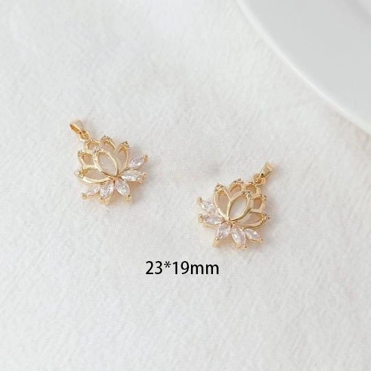 2 pieces 14K Gold Filled Lotus Flower Charm - white Micro Pave CZ Pendant for Jewelry Making