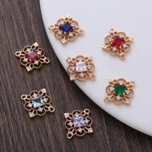 6pcs Cubic Zirconia Flower Charm - filigree findings - filigree connectors - Copper plated micro-inlaid zircon flower connector