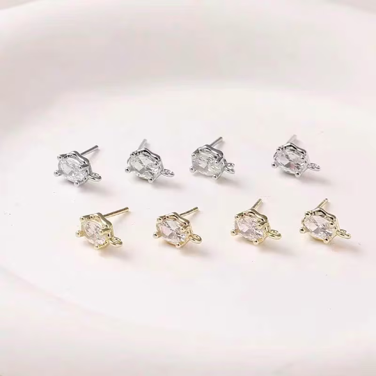 6pcs Cubic Zirconia oval Earrings -  Brass Ear post - stud earring finding - Rhinestone ear post - zirconium earrings