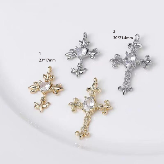 4pcs Diamond Chrome Hearts Cross Charm - Copper Plated Gold for Earrings and Necklaces