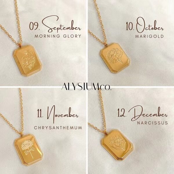 GOLD Vintage Birth Month Flower Necklace Birthstone Necklace Square Zodiac Rose Floral Pendant Jewelry WATERPROOF Birthday Gift for Her