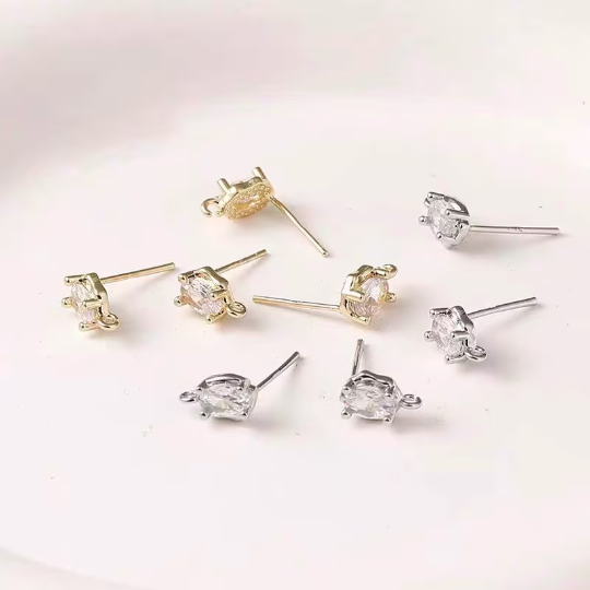 6pcs Cubic Zirconia oval Earrings -  Brass Ear post - stud earring finding - Rhinestone ear post - zirconium earrings