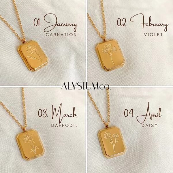 GOLD Vintage Birth Month Flower Necklace Birthstone Necklace Square Zodiac Rose Floral Pendant Jewelry WATERPROOF Birthday Gift for Her