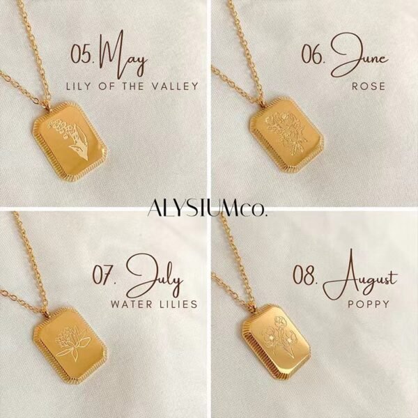 GOLD Vintage Birth Month Flower Necklace Birthstone Necklace Square Zodiac Rose Floral Pendant Jewelry WATERPROOF Birthday Gift for Her