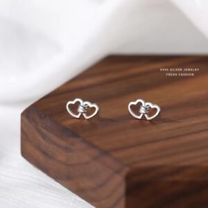 Double heart Stud Earrings in S999 pure Silver Coated  Earrings,  Nature Inspired