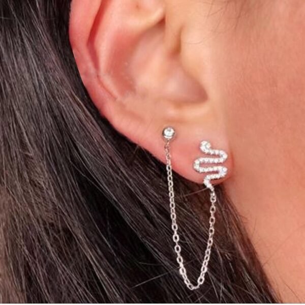 S925 silver Threadless Earring - Helix Chain - Tiny Snake Earring- Helix Piercing  - cartilage piercing  - Ear Chain