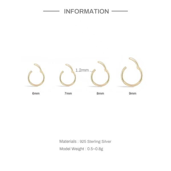 S925 silver Thin Hoops Rings for Ear, Nose Piercings, No Hinge Design, 6, 7, 8, 9mm