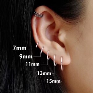 S999 silver Thin Hoops Rings for Ear, Nose Piercings, No Hinge Design, 7mm|9mm|11mm|13mm|15mm